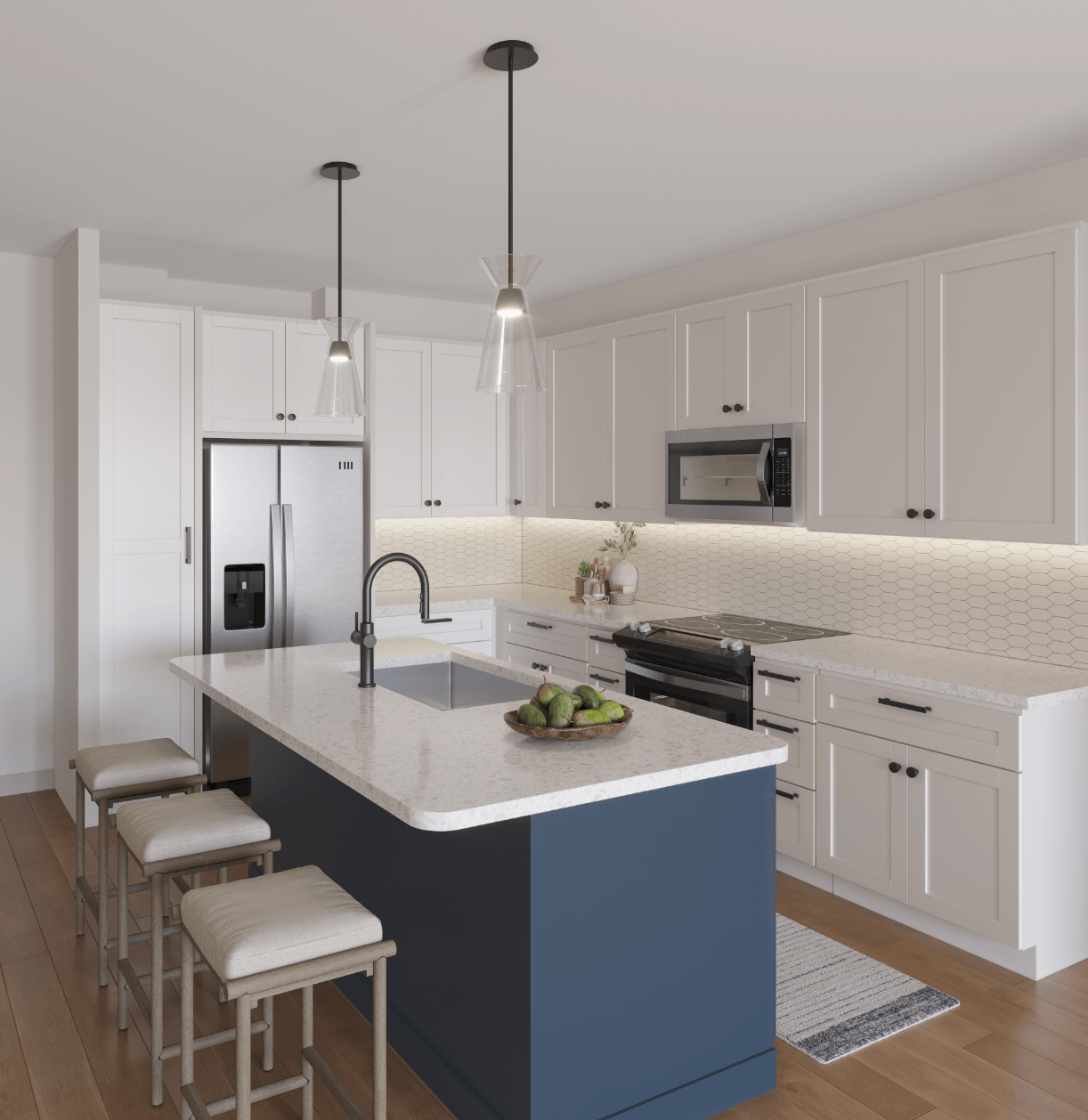 Hadley kitchen featuring a navy bar, tiled backsplash and white cabinets