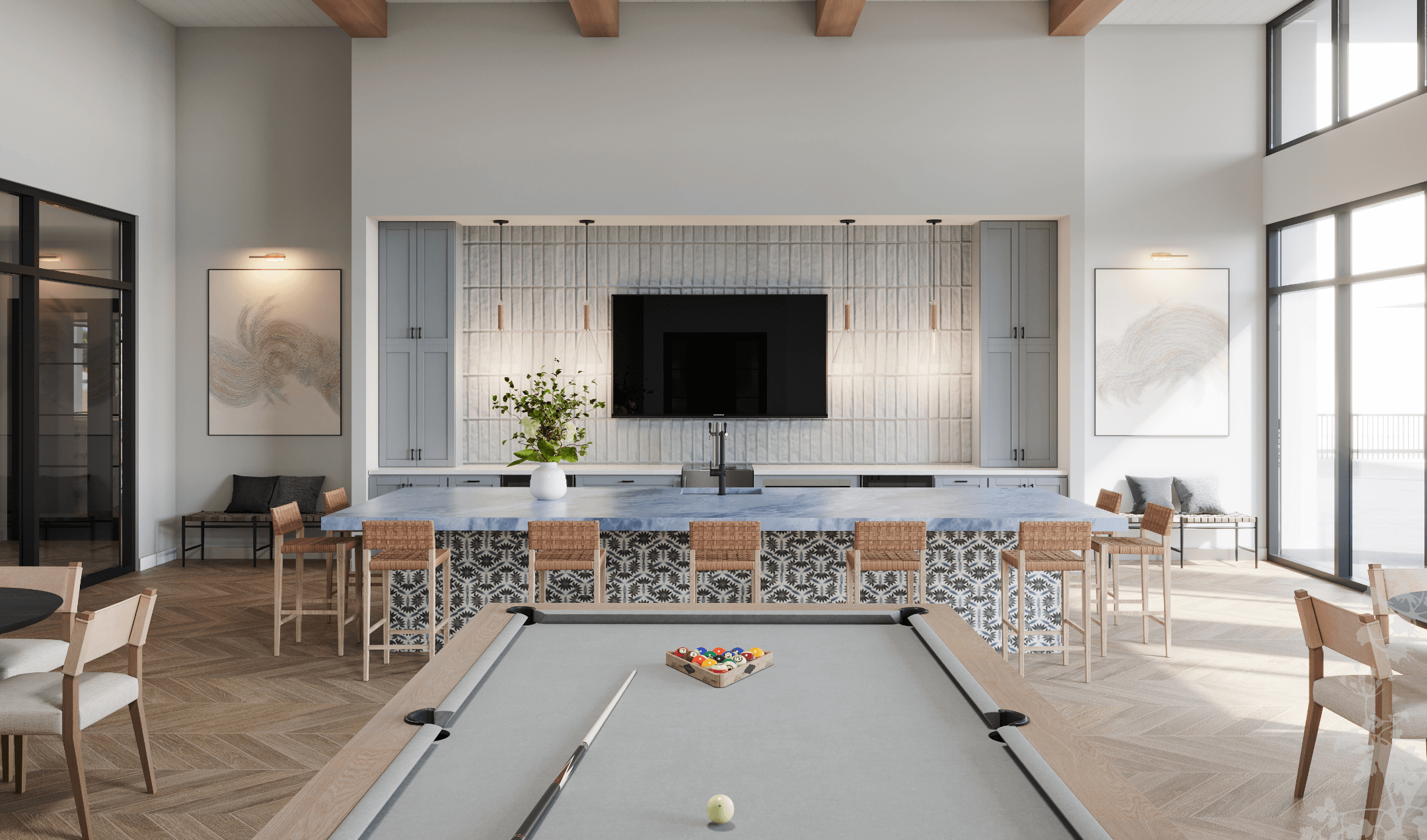 Hadley amenity clubroom featuring large bar space and a pool table