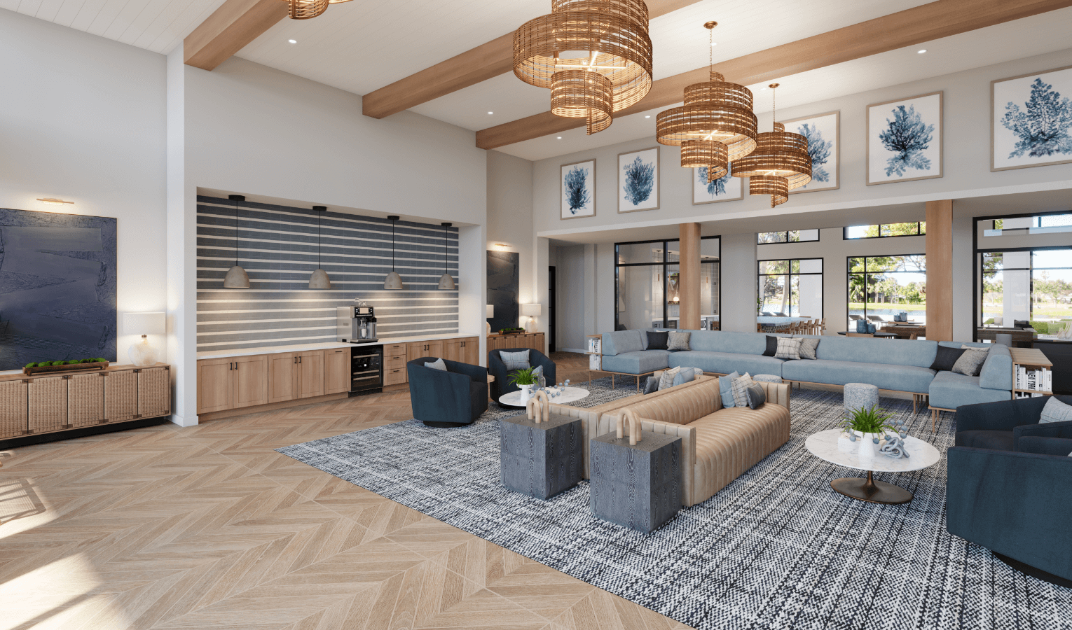 Hadley lobby area with comfortable seating and coffee bar