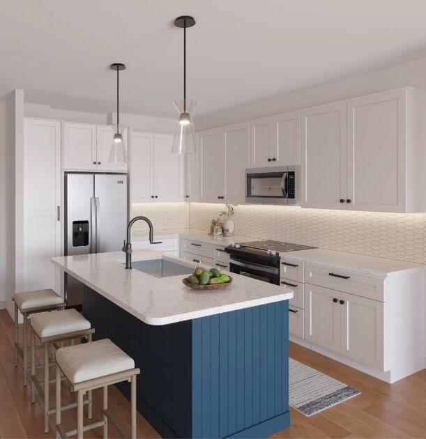 White kitchen with fridge and microwave
