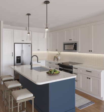 White kitchen with blue iceland in the center, chairs and wooden floor